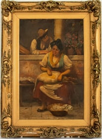 Illegibly Signed Genre Scene Oil on Canvas