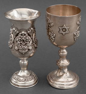 Judaica Sterling Silver Kiddush Cups, 2: Group of Two Judaica Sterling Silver Kiddush Cups, cup with grape vine motif inscribed "TO OUR DEAR FRIENDS MR & MRS PHIL FELIG" to base, marked "Sterling" to underside, cup with repousse bouquets mar
