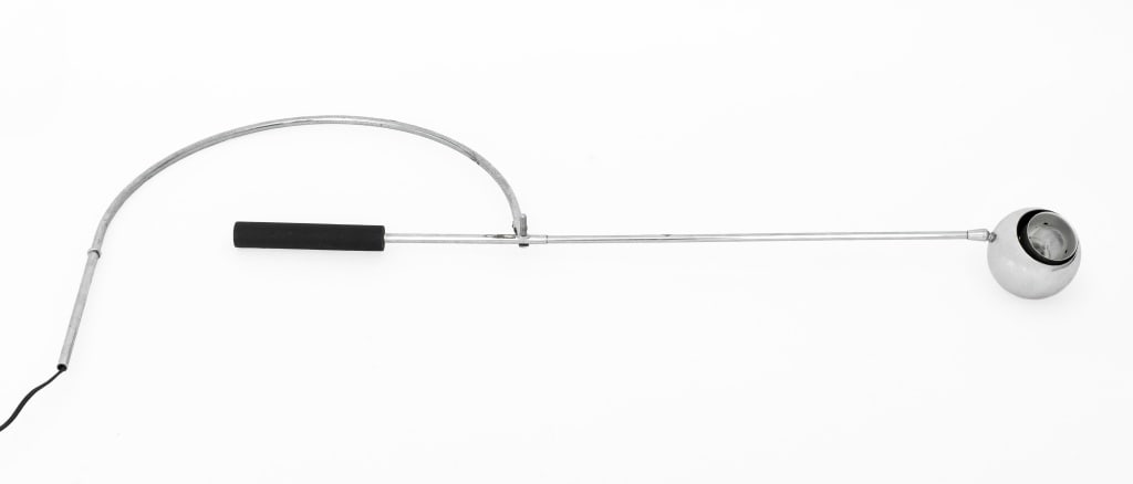 Robert Sonneman "Orbiter" Chrome Wall Lamp: Robert Sonneman "Orbiter" Articulating Chrome Wall Lamp, by Sonneman Mid Century, swivels and with articulated arm. Lacking wall bracket. Lamp Arm: 33.5"H x 4"W; 20" from wall when outstretched. Prove