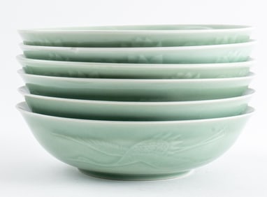 Korean Celadon Lotus & Crane Porcelain Bowls, 6