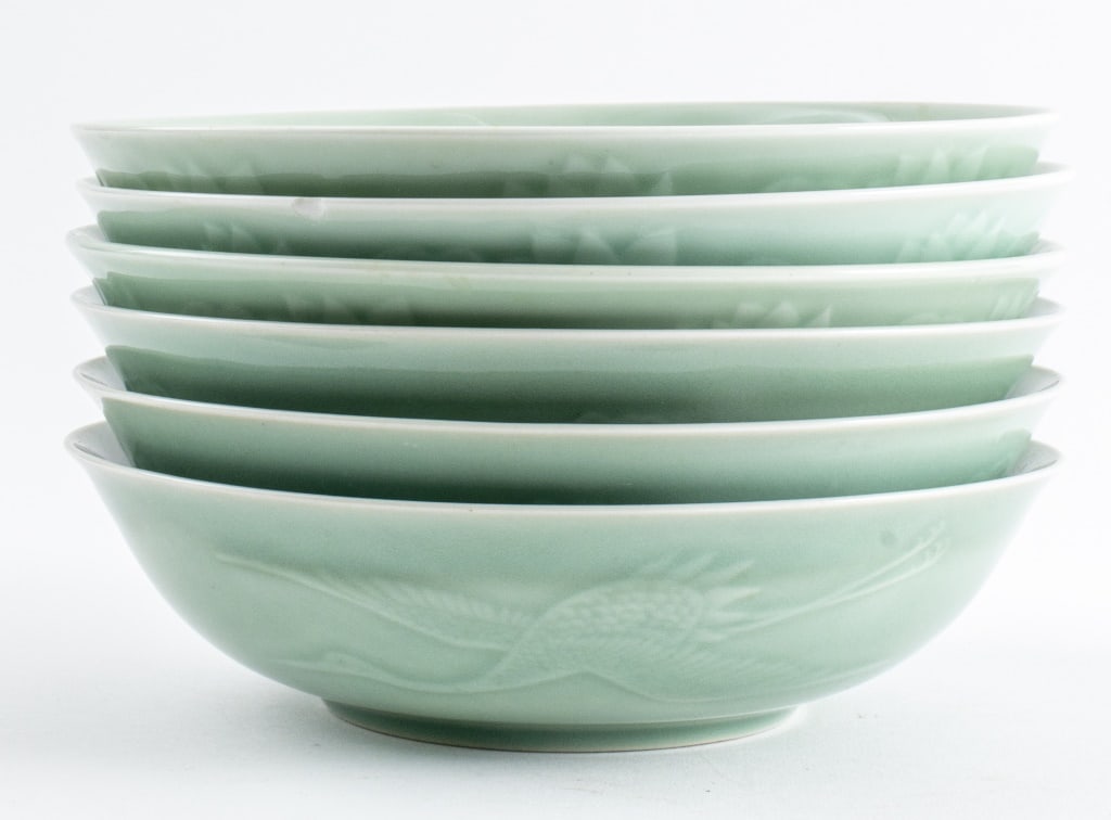 Korean Celadon Lotus & Crane Porcelain Bowls, 6 (1 of 9)