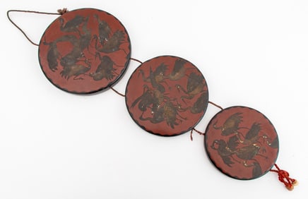 Japanese Crane Motif Red Lacquered Graduated Gongs