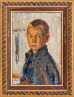 Fedor Kascheev "Boy" Oil on Board, 1962: Fedor Kascheev (Russian, 1934-2020), "Boy", Oil on Cardboard, 1962, International Art Fund Certificate of Authenticity to verso, giltwood frame. Image: 13" H x 8.5" W; frame: 17.5" H x 13.5" W. Proven