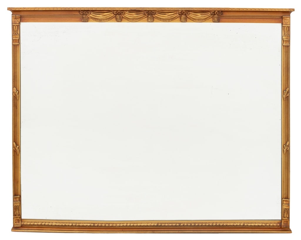 Neoclassical Style Giltwood Mirror: Neoclassical Style Giltwood Mirror, with ribbon and swag to border and carved fluted columns to each side. 29" H x 31.5" W. Provenance: From a New York City Collection. Keywords: Looking glass, Vanity