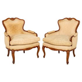 Louis XV Style Damask Upholstered Bergeres, Pair (1 of 8)