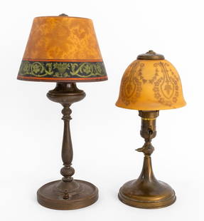 H.G. McFaddin & Co Emeralite Bellova Table Lamps,2: Two H.G. McFaddin & Co. Emeralite "Bellova" Art Glass Table Lamps, both marked "Emeralite" with frosted and etched glass shades, taller with interior hand-painted foliage pattern, marked "Bellova / Cz