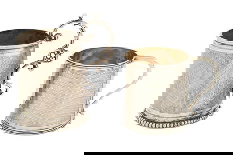 English Sterling Silver Cups, 2: Two English Sterling Silver Cups, comprising: Victorian half pint mug, struck with marks for Samuel Roberts & Charles Belk, Sheffield, 1864 with chased geometric design and oval cartouche engraved "An