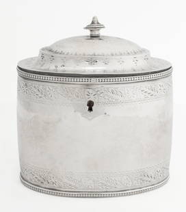 George III Sterling Silver Tea Caddy, 1782: George III Sterling Silver Tea Caddy, struck with marks for Hester Bateman, London, 1782 to underside. Weight: 13.44 ozt.; 5.5" H x 5" W x 3.5" D. Provenance: Private Collection, New York. Keywords: S