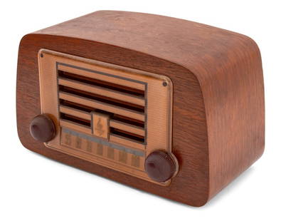 Charles & Ray Eames Emerson Model 588A Radio: Charles and Ray Eames for Emerson Model 588A Bentwood Radio, circa 1946, walnut with plastic knobs and face, marked "Emerson Radio and Phonograph Corporation N.Y. U.S.A." and "E78" to underside. 6.5"