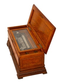 Swiss Oak Wood Cylinder 6 Airs Music Box, 19th C.