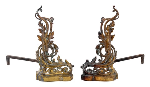 Brass Scroll Form Andirons, 19th C., Pair