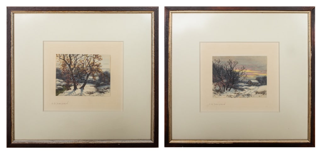 C.G. Davidson Winter Landscape Watercolors, 2: Charles Grant Davidson (American, 1865-1945), Two Winter Landscape Scenes, Watercolor on Paper, one with a snow-covered house at sunset, the other of trees in daylight, both signed "C.G. Davidson" low
