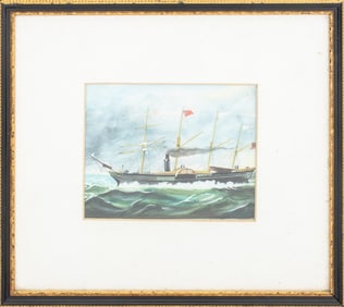 American School Steamship Gouache, 19th C.