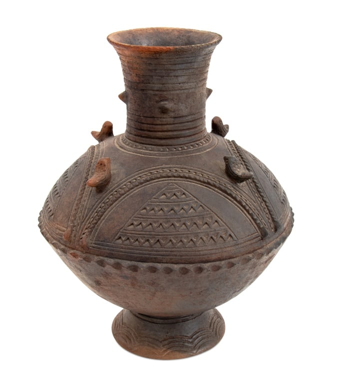 African Bakongo Terracotta Burial Vase: African Bakongo Terracotta Burial Vase, with incised geometric decoration and applied birds. 11.5" H x 9.75" Diameter. Provenance: From a New York City Estate. Keywords: African Art, Tribal Art, Ethno