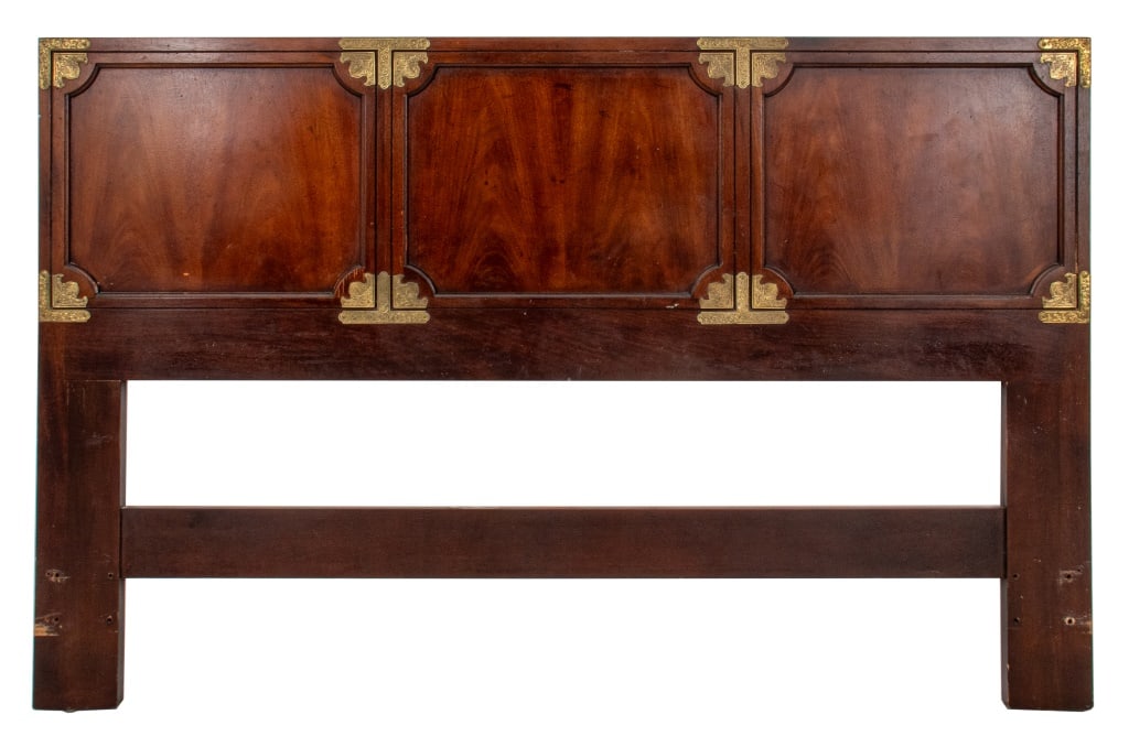Henredon Chinese Style Headboard, 20th C.: Henredon Chinese Style Rectangular Engraved Brass Mounted Walnut Headboard, 20th century, with Henredon label to back. Approx. 40" H x 60" W. Provenance: From a New York City Collection. Keywords: Vin