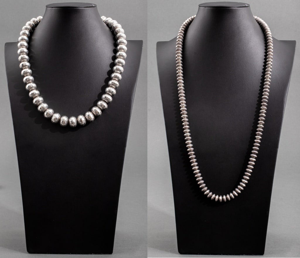 Navajo Dine Engraved Silver Beaded Necklaces, 2 (1 of 8)