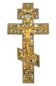 Russian Orthodox Enameled Gilt Bronze Crucifix