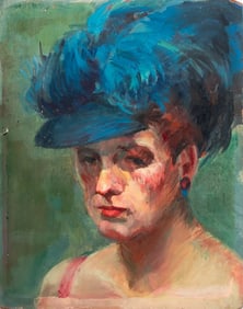 Roy Moskowitz Portrait Woman in Feathered Hat Oil