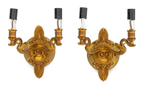 French Empire Style Gilt Brass Griffin Sconces, Pr