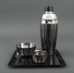 Michael Aram Martini Shaker, Cups, and Tray, 4: Set of Michael Aram Martini Shaker, Cups, and Tray, stainless steel with abstract black design, each marked to underside. Four pieces total. Shaker: 9.75 H x 4" Diameter. Provenance: From a TriBeCa Pe