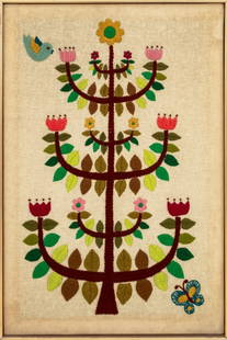 Folk Art Floral Tree of Life Crewel Embroidery: Folk Art Floral Tree of Life Crewel Embroidery, with pink tulips, bird, and butterfly, wood frame. 36.25" H x 24" W; frame: 37" H x 24.75" W. Keywords: Textile Art, Fabric Art, Fiber Art, Embroideries