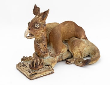 Fantasy Griffon Reading Book Art Pottery Sculpture