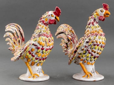 Persian Ceramic Rooster Sculptures, Pair