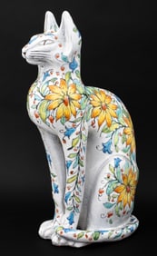 Italian Maiolica Seated Cat Sculpture