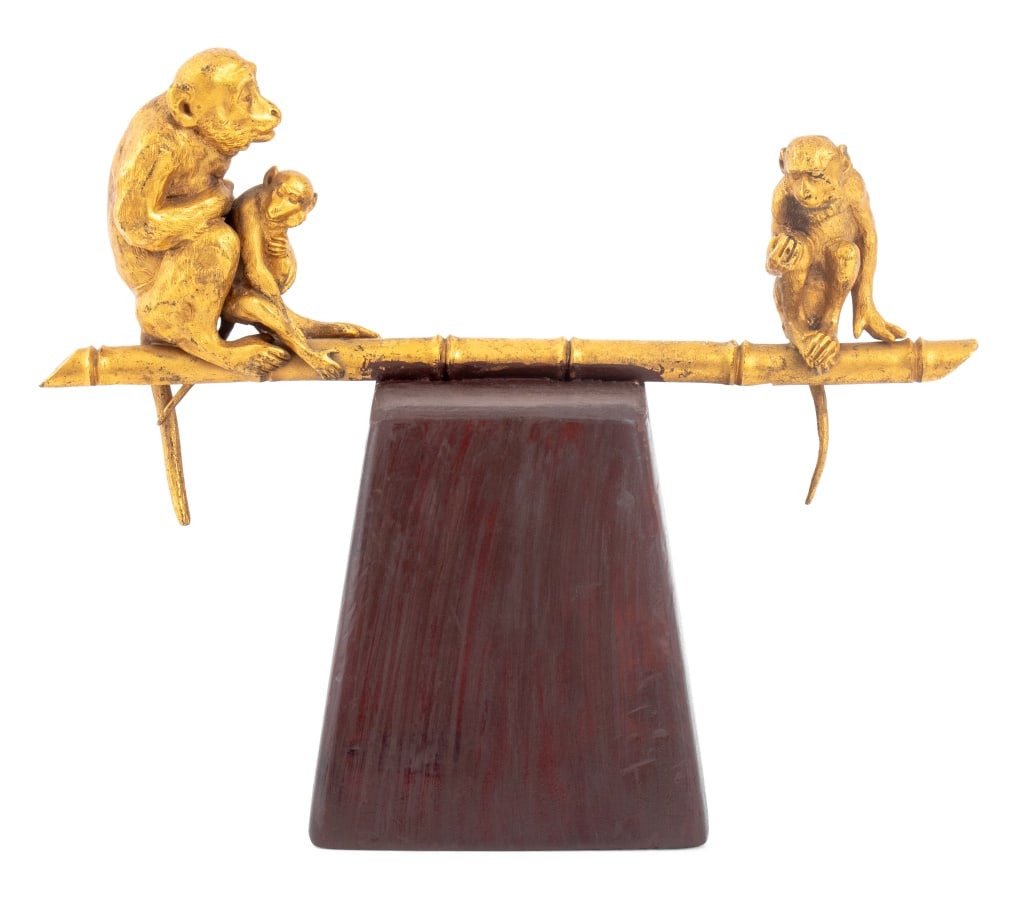 Monkey Family Gilt Bronze Sculpture: Monkey Family Gilt Bronze Sculpture, the mother and two children atop a stalk of bamboo, mounted on a painted wood base. Overall: 7.25" H x 8.75" W x 3.75" D. Provenance: From a Manhattan Collector. K