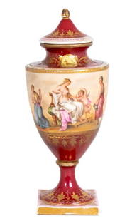 Royal Vienna Porcelain Covered Vase: Royal Vienna Porcelain Covered Vase, late 19th century, painted with a continuous scene of Diana and Venus, signed "P. Tschiers", marked to base. 10.5" H x 4" W x 4" D. Keywords: Austrian porcelain, C