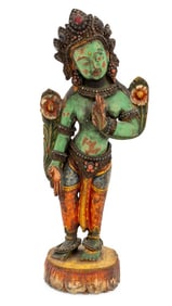 Tibetan Carved and Painted Wood Green Tara