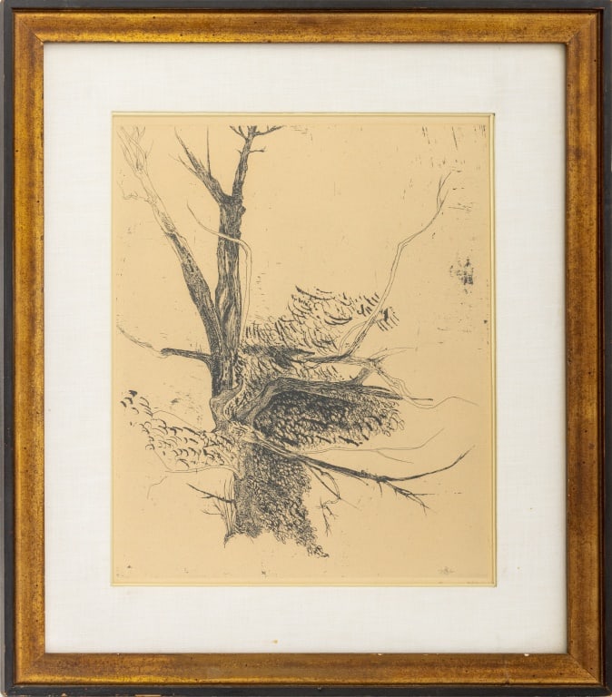 Leonard Baskin "Thorn Apple Tree" Etching on Paper: Leonard Baskin (American, 1922-2000), "Thorn Apple Tree", Etching on Wove Paper, 1961, dated in plate, numbered edition "25/50" and signed in pencil lower right, ebonized frame. 17.5" H x 14.5" W; fra