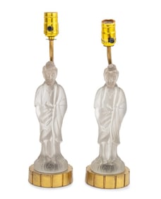 Guanyin Art Glass and Brass Table Lamps, Pair