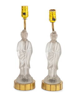 Guanyin Art Glass and Brass Table Lamps, Pair: Pair of Guanyin Smoked Art Glass and Brass Table Lamps, on circular brass base. 16" H x 4.5" Diameter. Provenance: From a New York City Collection. Keywords: Lighting, Sculpture, Statue, Satin Finish,
