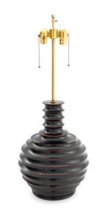Thomas Lavin Ebonized Wood Table Lamp: Thomas Lavin Ebonized Wood Lamp, ridged gourd form, two light sockets, brass hardware. 30" H x 12" Diameter. Provenance: From a New York City Collection. Keywords: Lighting, Designer, Contemporary des