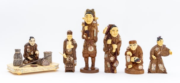 Japanese Carved Wood and Bone Figures, 6