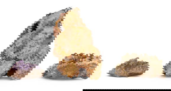 Collection of Mineral Specimen Clusters, 3: Collection of Three Mineral Specimen Clusters, comprising; one amethyst cluster, mica cluster, and barite cluster with druzy quartz crystals. Largest: 10.5" H x 7" W x 5" D. Provenance: From a New Yor