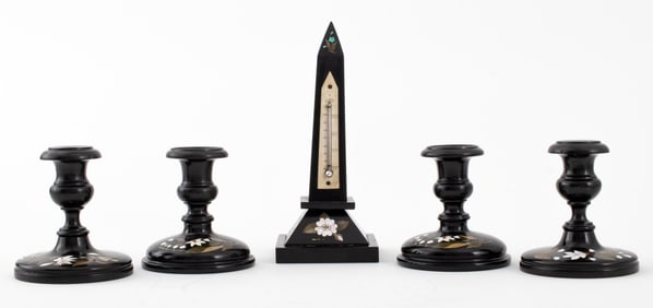 Pietra Dura Black Marble Obelisk & Candlesticks, 5