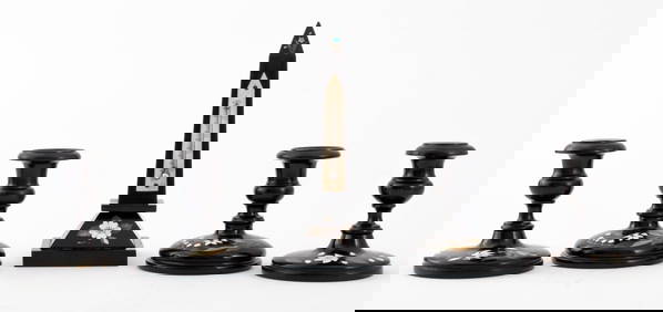 Pietra Dura Black Marble Obelisk & Candlesticks, 5 (1 of 8)