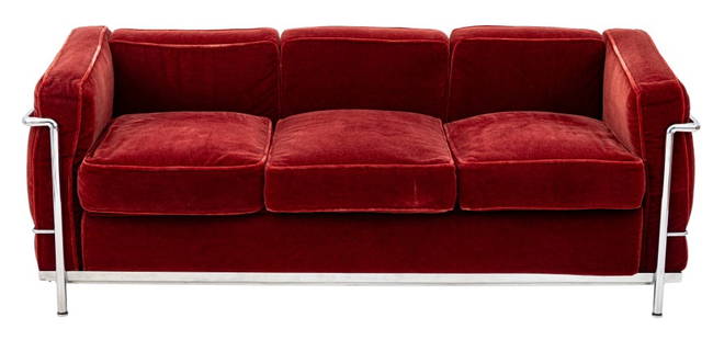 Le Corbusier for Cassina LC2 Mohair Sofa: Le Corbusier for Cassina LC2 Red Crushed Mohair Upholstered Three-Seat Sofa, chrome plated frame, marked to underside of arm. 26" H x 70.5" W x 30" D; seat: 18" H. Provenance: From the Park Avenue Est