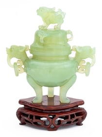 Chinese Carved Jade Foo Dog Covered Tripod Censer