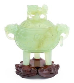 Chinese Carved Jade Foo Dog Covered Tripod Censer