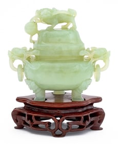 Chinese Carved Jade Foo Dog Covered Tripod Censer