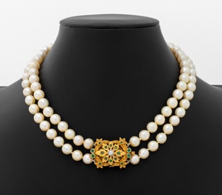 18K Gold Diamond Emerald Cultured Pearl Necklace