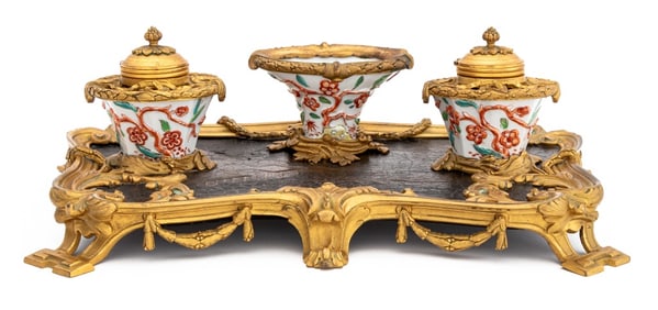 Louis XV Style Ormolu, Lacquer & Porcelain Encrier