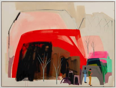Seonna Hong "Red Walk" Mixed Media, 2021: Seonna Hong (American, b. 1973), "Red Walk", Mixed Media on Canvas, 2021, acrylic and oil pastel, together with certificate of authenticity from Hashimoto Contemporary, white frame. Image: 30" H x 40"