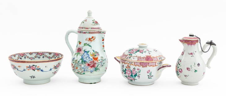 Chinese Export Famile Rose Porcelain Articles, 4: Collection of Four Chinese Export Famile Rose Porcelain Articles, comprising: sparrow beak covered creamer with metal mount, Lynda Willauer Antiques label to the interior, small bowl with garland bord