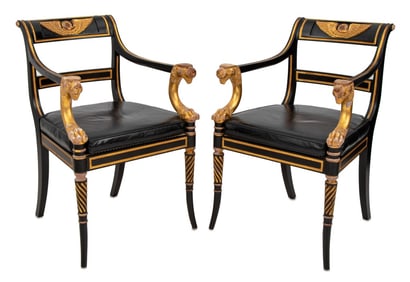 Egyptian Revival Ebonized & Giltwood Chairs, Pair