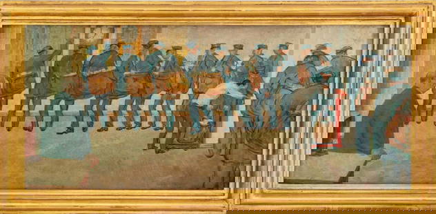 Arnold Friedman "Leaving on Schedule" Oil on Panel: Arnold Aaron Friedman (American, 1874-1946), "Leaving on Schedule", Oil on Wood Panel, circa 1935, signed, and illegibly inscribed "New York P.O. STA. Y" lower right, paper label and Hirschl & Adler G