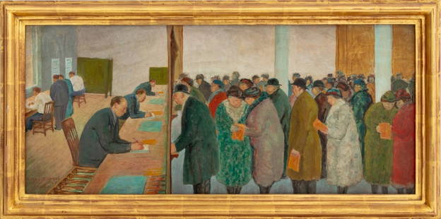 Arnold Friedman "Money Order Window" Oil on Panel: Arnold Aaron Friedman (American, 1874-1946), "Money Order Window", Oil on Wood Panel, 1935, signed, dated, and inscribed "New York P.O. STA. Y" lower left, paper label and Hirschl & Adler Galleries, I